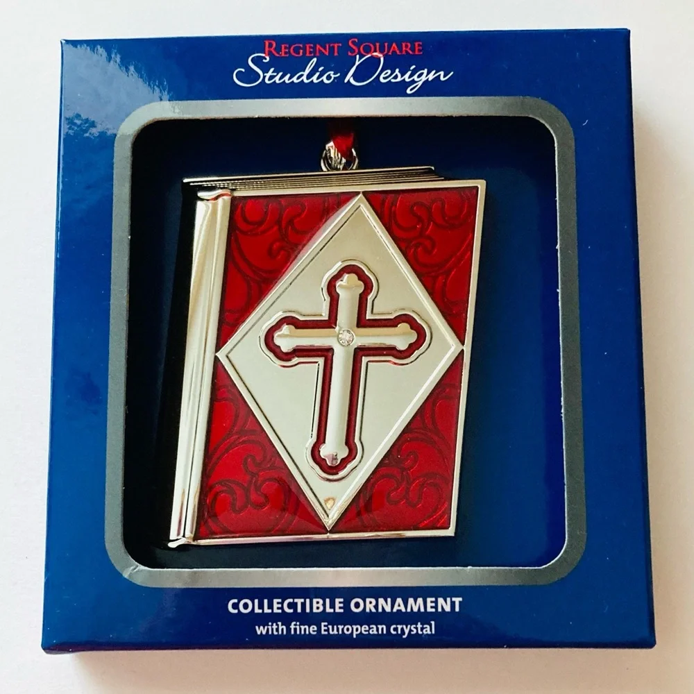 NEW Red Silver Cross Collectible Christmas Ornament with European Crystal
